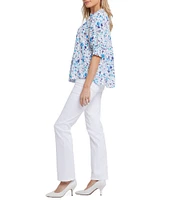 NYDJ Woven Jimena Garden Round Neck Short Smocked Sleeve Top