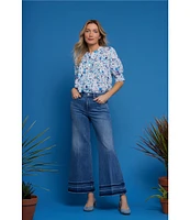 NYDJ Woven Jimena Garden Round Neck Short Smocked Sleeve Top