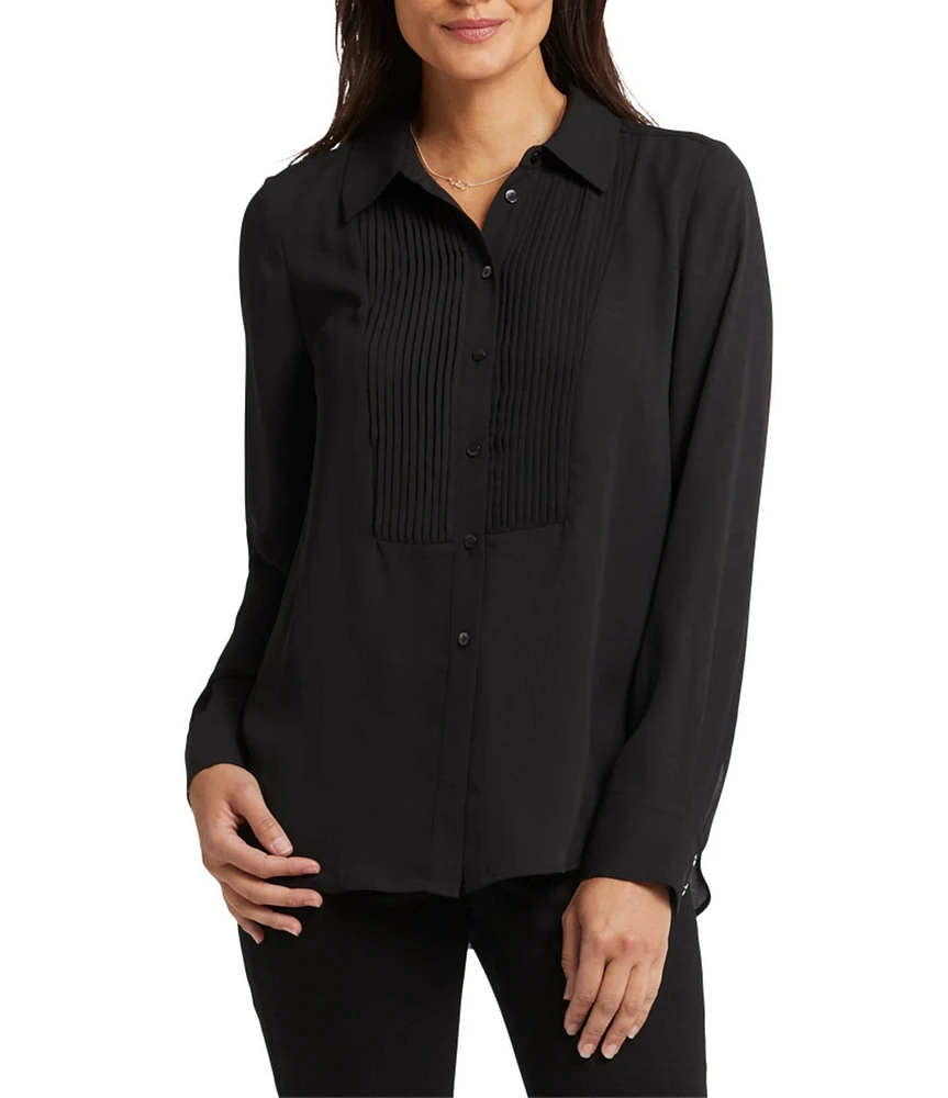 NYDJ Woven Point Collar Long Sleeve Tuxedo Blouse