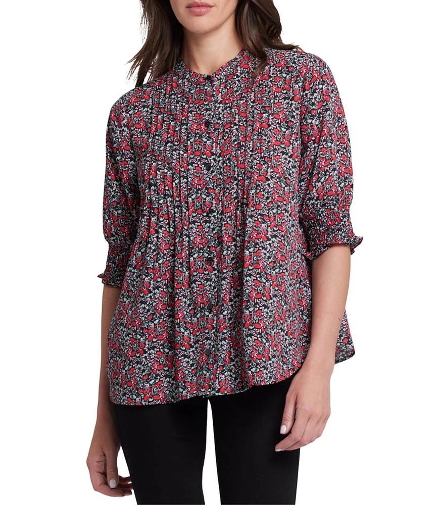 NYDJ Woven Floral Printed Round Neck Short Smocked Sleeve Top