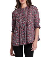 NYDJ Woven Floral Printed Round Neck Short Smocked Sleeve Top