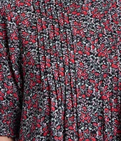 NYDJ Woven Floral Printed Round Neck Short Smocked Sleeve Top