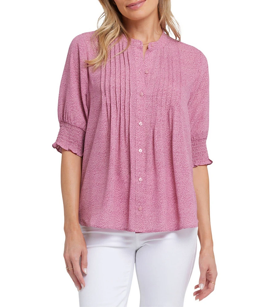 NYDJ Woven Printed Round Neck Short Smocked Sleeve Top