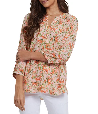 NYDJ Woven Printed Split V-Neck Button Front 3/4 Sleeve Blouse