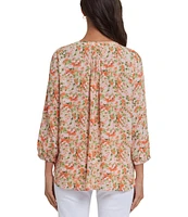 NYDJ Woven Printed Split V-Neck Button Front 3/4 Sleeve Blouse