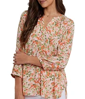 NYDJ Woven Printed Split V-Neck Button Front 3/4 Sleeve Blouse