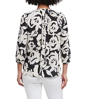 NYDJ Woven Printed Split V-Neck Button Front 3/4 Sleeve Blouse