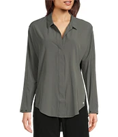 NZ ACTIVE by NIC + ZOE Solid Woven Tech Stretch Point Collar Dolman Sleeve Snap Front Shirt