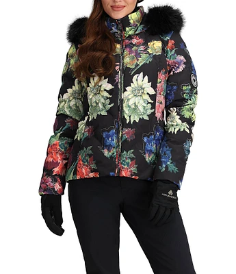 Obermeyer Bombshell Luxe Alpine Flowers Printed Long Sleeve Zip Front Faux Fur Trim Hooded Ski Jacket