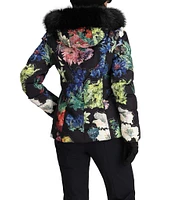 Obermeyer Bombshell Luxe Alpine Flowers Printed Long Sleeve Zip Front Faux Fur Trim Hooded Ski Jacket