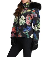 Obermeyer Bombshell Luxe Alpine Flowers Printed Long Sleeve Zip Front Faux Fur Trim Hooded Ski Jacket