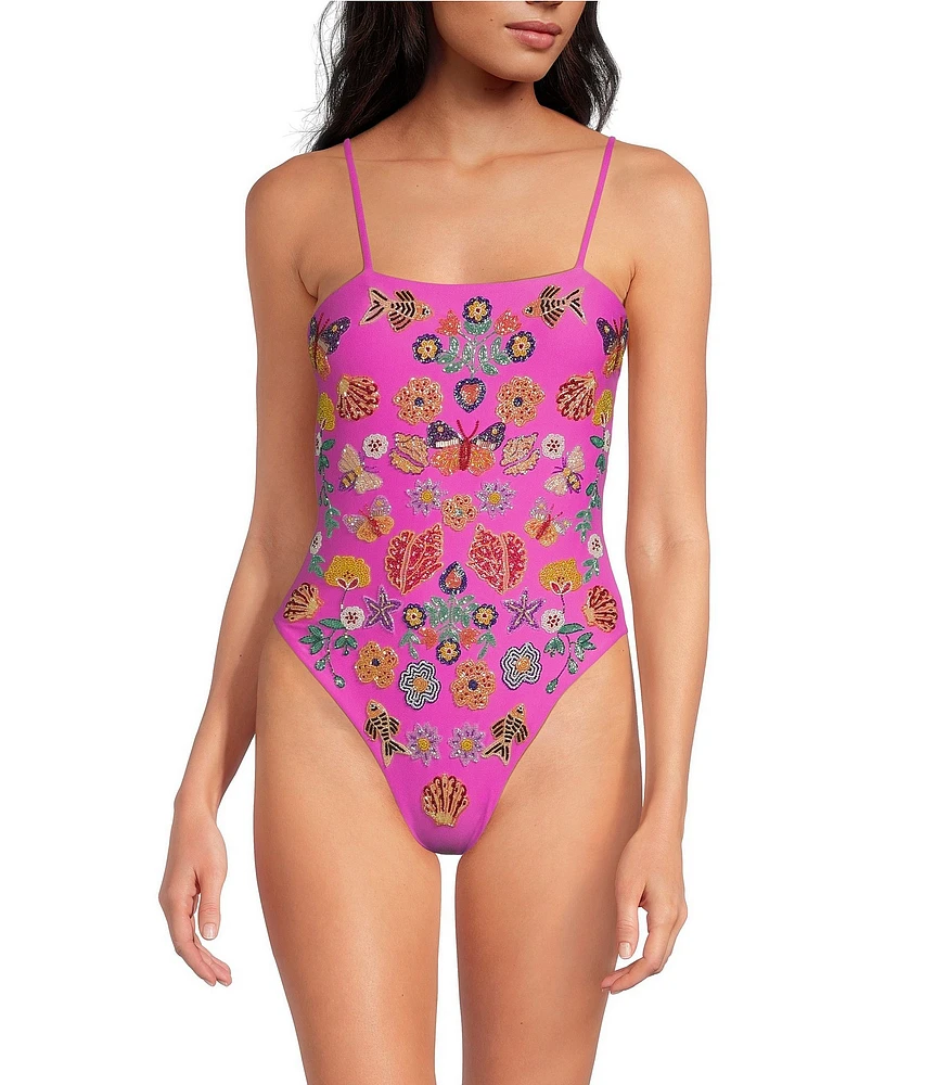 OCEANUS Mirrored Sea Beaded One Piece Swimsuit