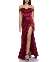 B. Darlin Off-The-Shoulder Corset Wrap Side Slit Long Dress