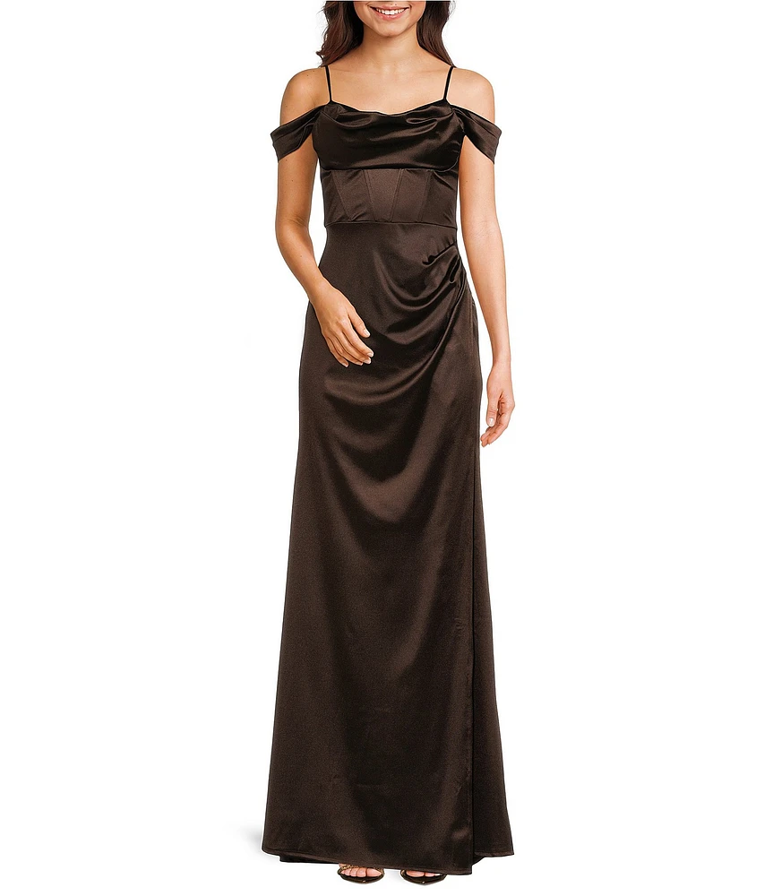 B. Darlin Off-The-Shoulder Corset Wrap Side Slit Long Dress