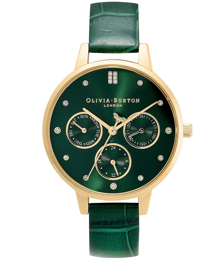 Olivia Burton Chronograph Stainless Steel Case Forest Green Leather Strap Watch