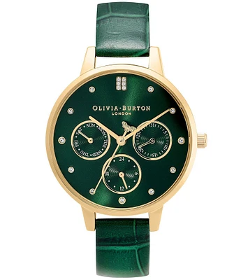 Olivia Burton Chronograph Stainless Steel Case Forest Green Leather Strap Watch