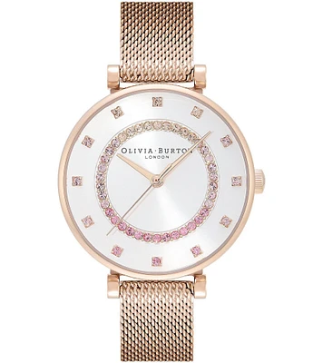 Olivia Burton T-Bar Quartz Analog White Dial Carnation Gold Stainless Steel Mesh Strap Watch