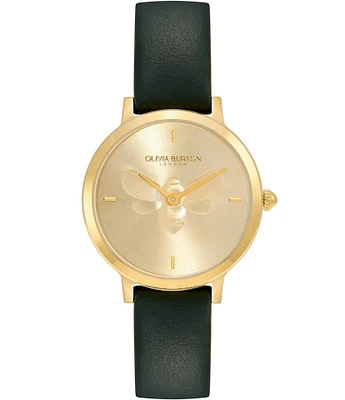 Olivia Burton Women's Bee Ultra Slim Quartz Analog Green Leather Strap Watch