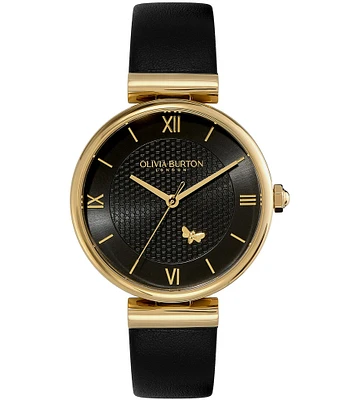 Olivia Burton Women's Minima Bee T-Bar Gold & Black Leather Strap Watch