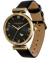 Olivia Burton Women's Minima Bee T-Bar Gold & Black Leather Strap Watch