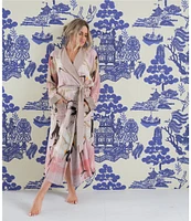 One Hundred Stars Stork Sky Print Woven Shawl Collar Long Sleeve Tie Waist Wrap Robe