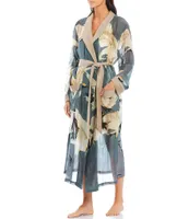 One Hundred Stars Stork Sky Print Woven Shawl Collar Long Sleeve Tie Waist Wrap Robe