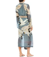 One Hundred Stars Stork Sky Print Woven Shawl Collar Long Sleeve Tie Waist Wrap Robe