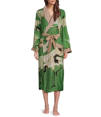 One Hundred Stars Stork Sky Print Woven Shawl Collar Long Sleeve Tie Waist Wrap Robe