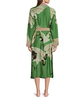 One Hundred Stars Stork Sky Print Woven Shawl Collar Long Sleeve Tie Waist Wrap Robe