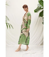 One Hundred Stars Stork Sky Print Woven Shawl Collar Long Sleeve Tie Waist Wrap Robe