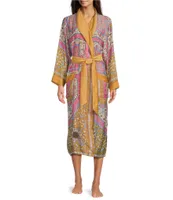 One Hundred Stars Woven Boho Print Long Sleeve Wrap Robe