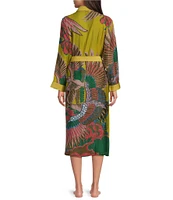 One Hundred Stars Woven Crane Print Long Sleeve Wrap Robe