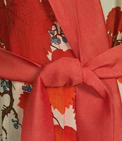 One Hundred Stars Woven Orange Bird Print Long Sleeve Wrap Robe