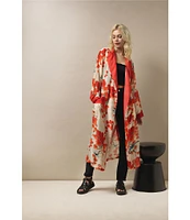 One Hundred Stars Woven Orange Bird Print Long Sleeve Wrap Robe