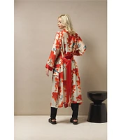 One Hundred Stars Woven Orange Bird Print Long Sleeve Wrap Robe