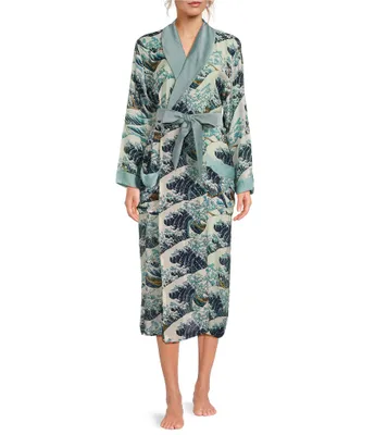 One Hundred Stars Woven Wave Print Long Sleeve Wrap Robe