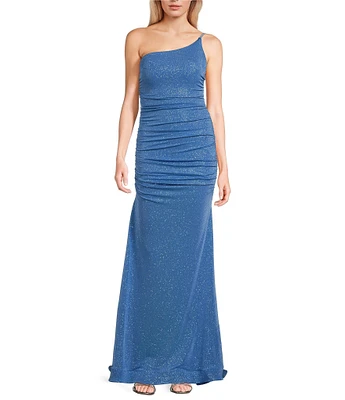 B. Darlin One Shoulder Double Strap Shirred Glitter Long Dress