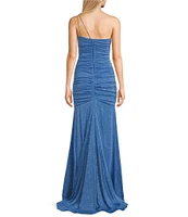 B. Darlin One Shoulder Double Strap Shirred Glitter Long Dress