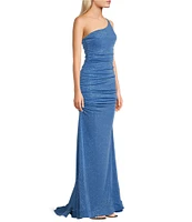 B. Darlin One Shoulder Double Strap Shirred Glitter Long Dress