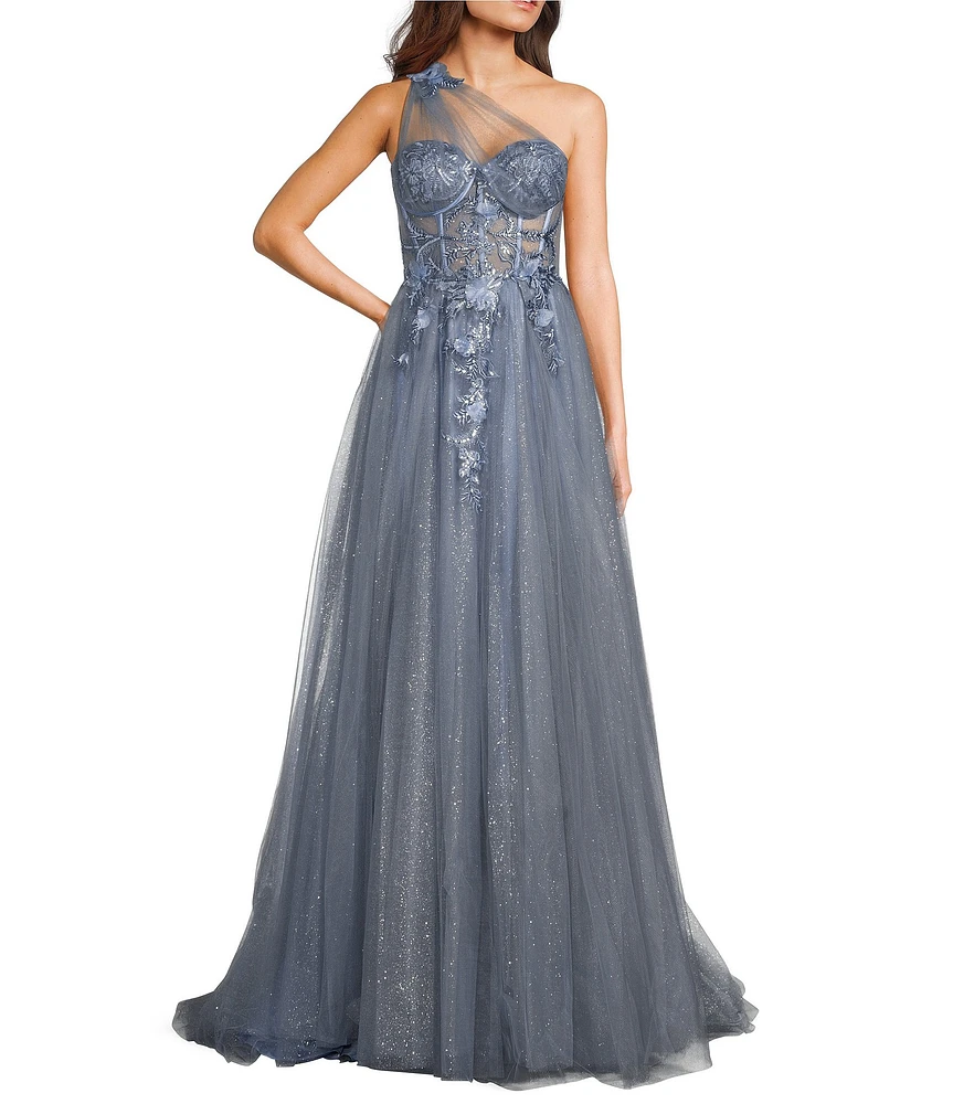 GB One Shoulder Floral Applique A-Line Gown