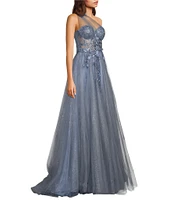GB One Shoulder Floral Applique A-Line Gown