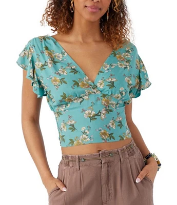 O'Neill Bonnie Floral Print Flutter Sleeve Smocked Back Crop Top