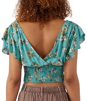 O'Neill Bonnie Floral Print Flutter Sleeve Smocked Back Crop Top