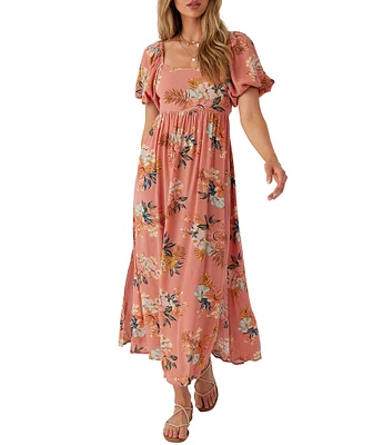 O'Neill Briar Puffed Short Sleeve Floral Printed Midi Dress