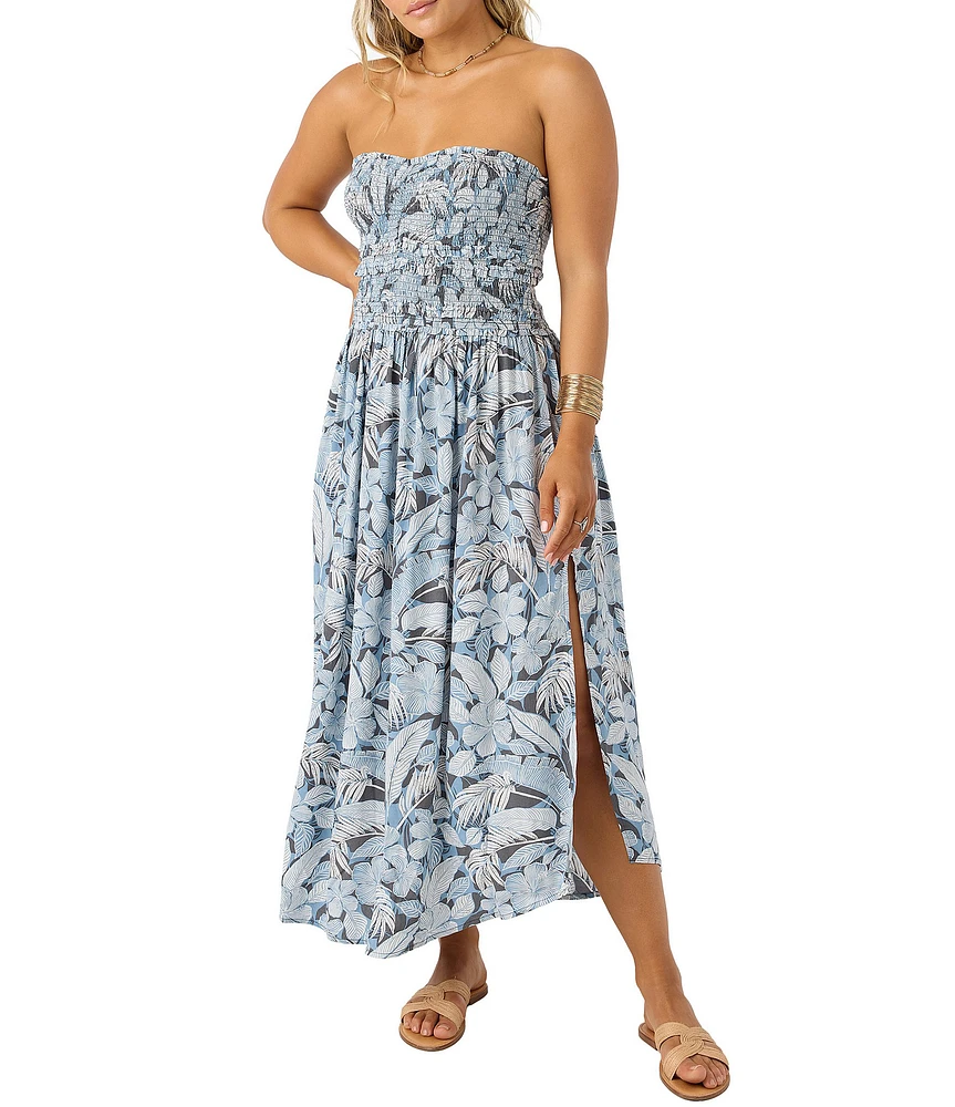 O'Neill Devyn Smocked Strapless Floral Side Slit Midi Dress