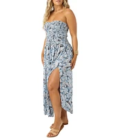 O'Neill Devyn Smocked Strapless Floral Side Slit Midi Dress