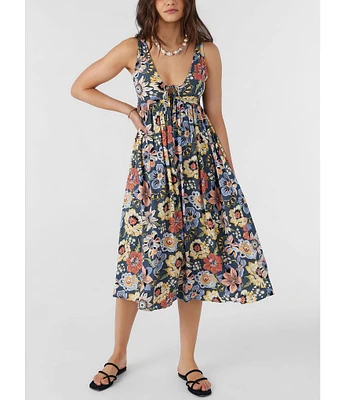 O'Neill Issy Floral Print Tie Front Midi Dress