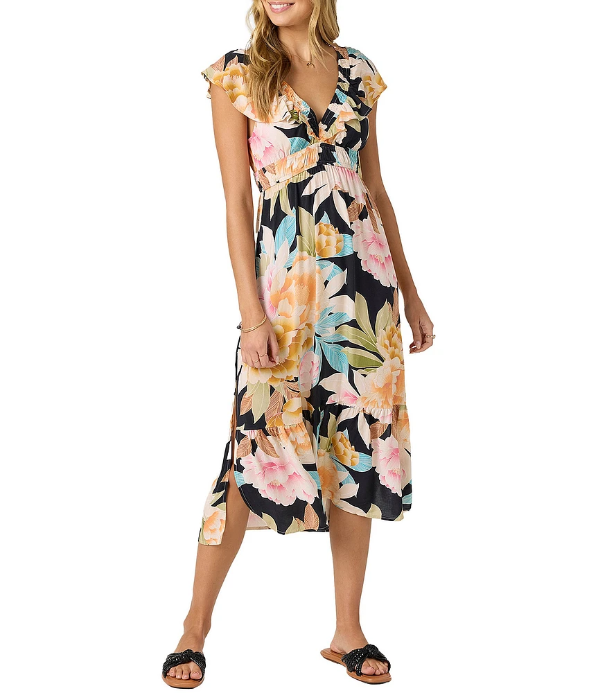 O'Neill Zetta Flutter Sleeve Tropical Floral Print Midi Dress