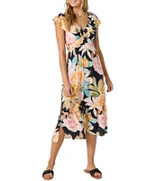 O'Neill Zetta Flutter Sleeve Tropical Floral Print Midi Dress