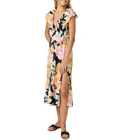 O'Neill Zetta Flutter Sleeve Tropical Floral Print Midi Dress
